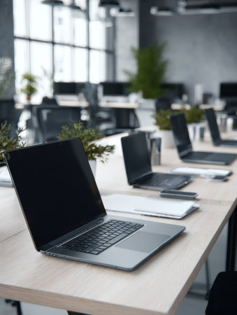A clean office space features several laptops on wooden desks with plants, showing a fresh and productive work environment in daylight.の素材