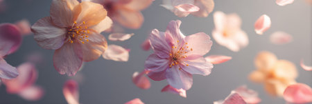Delicate pink and cream cherry blossom petals drift in the air, illuminated by soft light, creating a serene spring atmosphere.の素材
