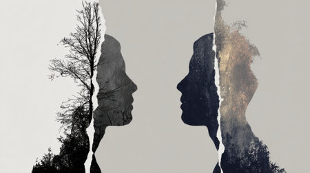 Two silhouettes face each other, blending with a tree, creating a unique artistic representation of the relationship between humanity and nature.の素材