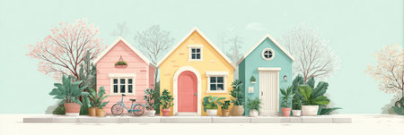 Brightly colored houses in pink, yellow, and blue create a cheerful scene, surrounded by lush plants and a bicycle by the walkway on a calm day.の素材