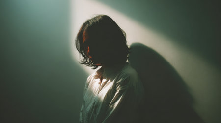 A person stands in a softly lit space, their silhouette blending with the background.の素材