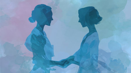 Two women face each other, their silhouettes intertwined amidst soft blue and pink hues, evoking a tranquil connection.の素材