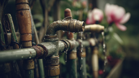Water drips steadily from vintage garden taps surrounded by lush greenery and colorful flowers, enhancing the tranquil atmosphere of the greenhouse.の素材