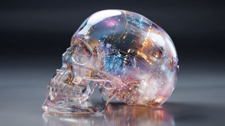 This unique sculpture features a crystal skull reflecting various colors and lights, presenting a mesmerizing blend of art and design under soft illumination.の素材