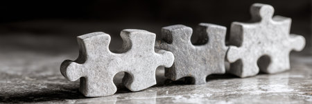 Three gray puzzle pieces are placed on a dark textured surface, highlighting the subtle variations in color and the play of light and shadow.の素材