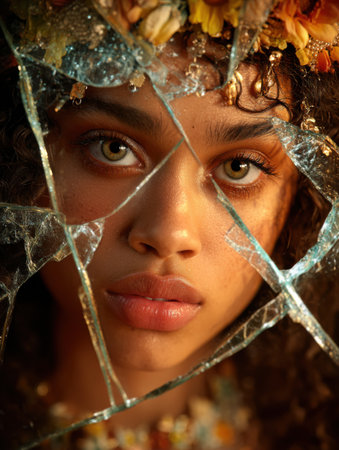 A young woman with striking features and a floral crown gazes through cracked glass, capturing an emotional moment during sunset light.の素材