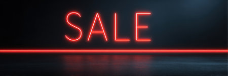 Neon letters spelling sale shine brightly against a dark backdrop, highlighting a promotional event likely happening in a retail or commercial location.の素材