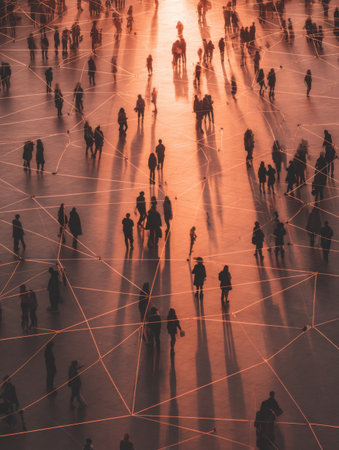 People walk across a large public space at sunset, their shadows stretching across the ground in various directions. The scene is warm and vibrant.の素材