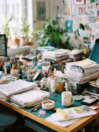 A cluttered desk with art supplies, papers, and personal items is illuminated by natural light, creating an inspiring atmosphere for creativity.の素材