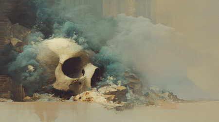 A large skull appears in a misty setting, surrounded by swirling smoke.の素材