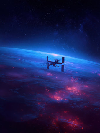 A futuristic space station floats above a colorful planet, surrounded by glowing gases and stars, creating a serene view of the cosmos at night.の素材