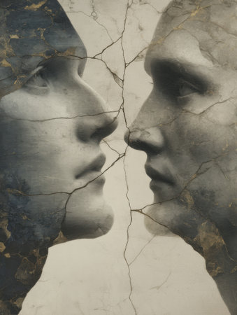 Two faces are depicted in close proximity, with distinct features blending together, set against a cracked background, creating a striking visual impact.の素材