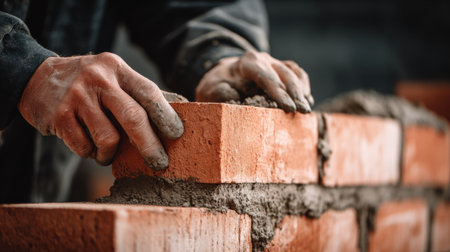 A skilled worker carefully places bricks and applies mortar, focusing on creating a solid structure in a construction site surrounded by building materials.の素材