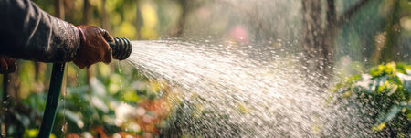 Hands hold a garden hose, spraying water over thriving plants in a colorful garden, showing the joy of gardening on a sunny day surrounded by nature.の素材