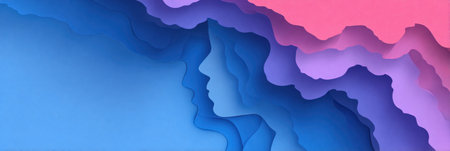 Layered artwork showcases abstract faces formed from vibrant shades of blue and pink, creating a smooth gradient and rich visual depth.の素材