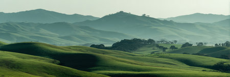 Rolling green hills stretch across the landscape, with gentle mountains rising in the distance under soft morning light, showing natures serenity.の素材