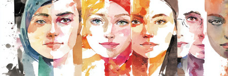 Art features diverse faces that celebrate cultural expressions, showing the beauty of unity through color and creativity.の素材