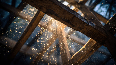 Sunlight filters through rustic wooden beams, illuminating floating dust particles in the air, creating a peaceful and enchanting atmosphereの素材