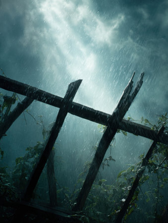 Heavy rain falls against a weathered fence, surrounded by vibrant greenery and dark clouds creating a dramatic atmosphere in the evening light.の素材
