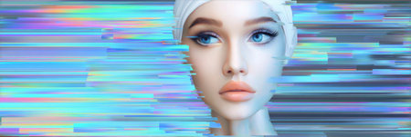 This digital artwork features a close-up of a stylized face with bold blue eyes and a smooth complexion, contrasted by an abstract, colorful background.の素材