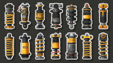 A collection of automotive shock absorbers featuring dynamic designs and colors, showing various styles and types used in vehicles for improved performance.の素材