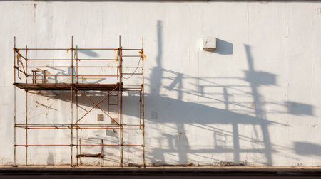 Scaffolding stands against a bright white wall, casting intricate shadows on the surface below as sunlight shines down, creating a unique urban scene.の素材