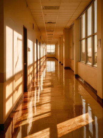 Light from large windows casts long shadows along a polished corridor, highlighting the clean lines and warm tones in a hospital setting during afternoon.の素材