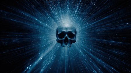 A striking skull floats in the dark void of space, radiating beams of bright blue energy all around it, creating a mesmerizing visual effect.の素材