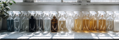 Clear spray bottles filled with various liquids line a sunlit windowsill, casting intriguing shadows and reflections.の素材