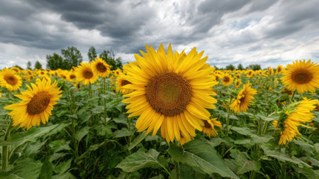 A field of bright yellow sunflowers stretches across the landscape, swaying gently in the breeze, surrounded by lush greenery and overcast skies.の素材