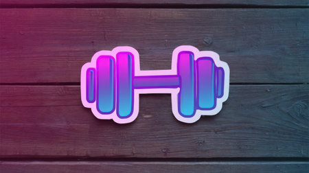 Brightly colored dumbbell sits on a rustic wooden surface, creating a lively aesthetic that emphasizes exercise and wellness.の素材