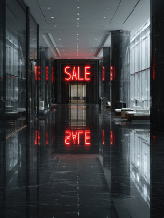 A sleek hallway features a large red sale sign, casting reflections on the shiny black floor, with minimalist seating areas visible in the background.の素材