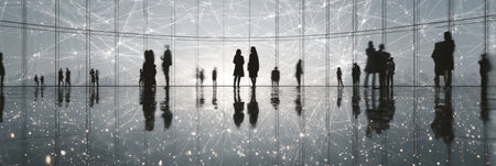 Groups of people stand in a modern space with bright network patterns on the walls.の素材
