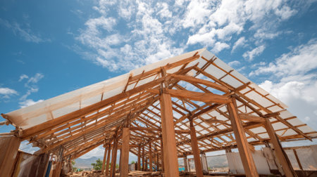 A wooden structure is being built with an exposed frame reaching towards a bright blue sky and fluffy clouds, showing the construction process at midday.の素材