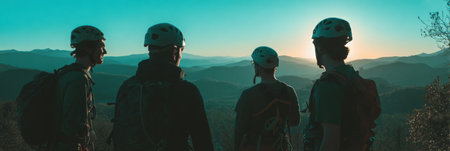 Four climbers wearing helmets stand together, enjoying a breathtaking sunset over the mountainous landscape, capturing a moment of friendship and nature.の素材