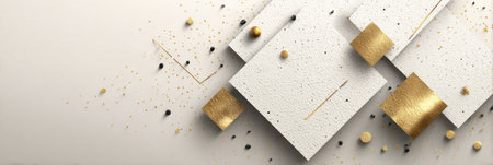 A minimalist setup showcases white textural surfaces mixed with golden geometric shapes and small black elements, emphasizing a contemporary artistic style.の素材