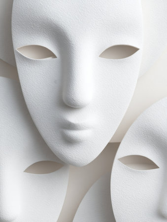 A collection of white abstract masks displaying distinct facial features and expressions. The arrangement highlights creativity in modern art and design.の素材