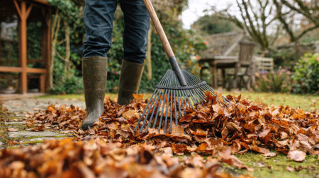 A persons gather fallen leaves in a peaceful garden using a rake on an autumn afternoon, surrounded by trees and garden furniture.の素材