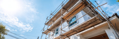 Workers are busy renovating a building surrounded by scaffolding on a sunny day, highlighting the construction progress and outdoor work.の素材