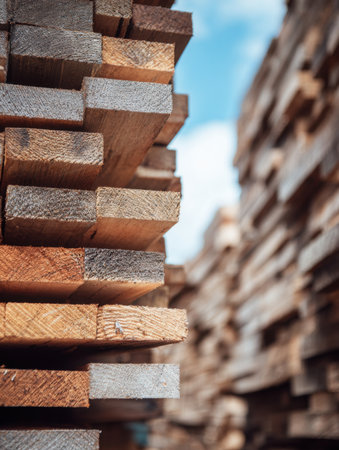 Detailed look at neatly arranged wooden planks stacked high, showing the texture and color of the wood in bright daylight.の素材
