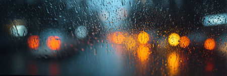 Raindrops distort the view of vibrant city lights while driving at night, creating a blurred and artistic scene that captures a busy atmosphere.の素材