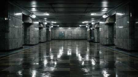 A underground corridor with polished marble vast walls and a glossy wet floor reflecting the bright lights above, evoking a sense of mystery and tranquility.の素材
