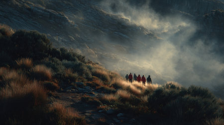 A group of hikers ventures through a foggy mountain landscape at dawn, surrounded by tall grass and rocky terrain, creating a serene and adventurous scene.の素材
