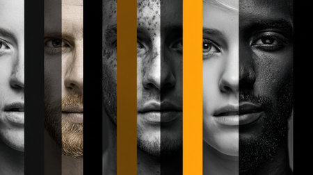 A collection of faces in monochrome, with diverse skin tones and features arranged artistically, emphasizing individual uniqueness and beauty in diversity.の素材