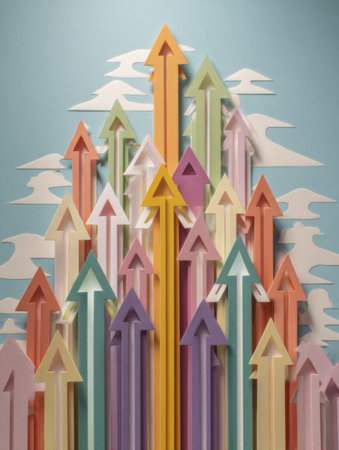 Colorful arrows point upward against a light blue sky with white clouds, adding a creative, joyful vibe to the space.の素材