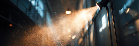 Soft light beams cut through fine mist in a contemporary industrial area, creating an atmospheric scene during the evening hours.の素材