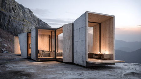 Unique cabins with a modern design sit on rocky terrain, showcasing minimalist architecture and stunning mountain views during twilight hours.の素材