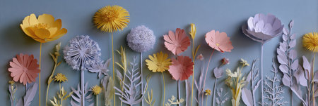 Vibrant paper flowers in different colors and shapes are skillfully arranged against a soft blue backdrop, creating a lively artistic scene.の素材