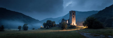 An ancient tower stands illuminated in the night, surrounded by mist and mountains, creating a mystical atmosphere in the serene landscape.の素材