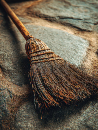 A rustic broom lies on a stone surface, highlighting its natural fibers and simple design. The setting offers a calm and earthy atmosphere.の素材